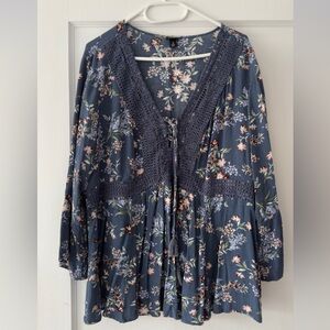 Torrid Blue Floral Blouse with Tie Front